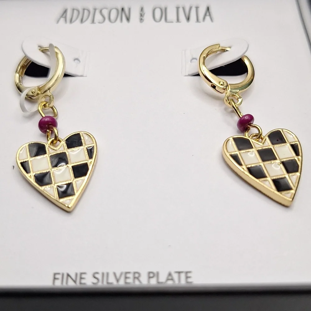Addison & Olivia Checkered Heart Drop Earrings | Fine Silver Plate | Boxed